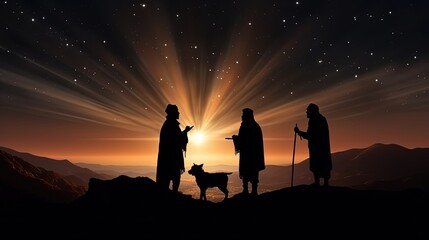 Silhouettes of shepherds with goat looking into sky at Bethlehem star at night thick darkness in middle of desert. Bethlehem star rises high in sky. Attention of shepherds riveted to Bethlehem star - obrazy, fototapety, plakaty
