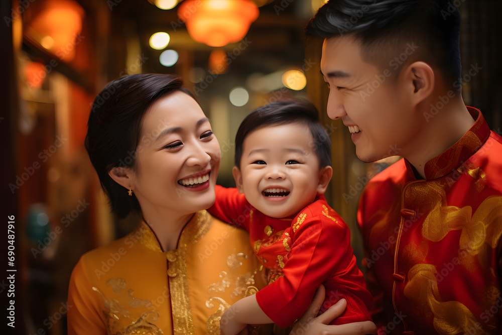 Wall mural Chinese family celebrating Chinese new year. Christmas concept.