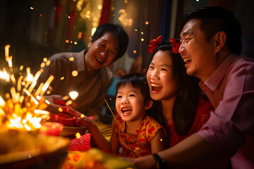 Chinese family celebrating Chinese new year. Christmas concept.