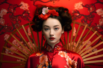 Beautiful Asian woman in traditional Chinese dress with colorful make up holding fan in oriental style