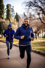 Obraz premium Positive African American male friends run together across autumn park in morning. Healthy friends exercise jogging along city garden road. Active men trains developing body endurance outdoors