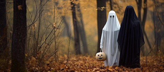 Halloween-themed couple wearing witch and ghost costumes in an autumn forest.