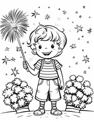 Happy independence day of america, kids coloring page, simple, black and white, no shading, white background