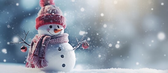 Enjoyment in snowy blizzard as hand adorns snowman with foil hat and scarf. - obrazy, fototapety, plakaty
