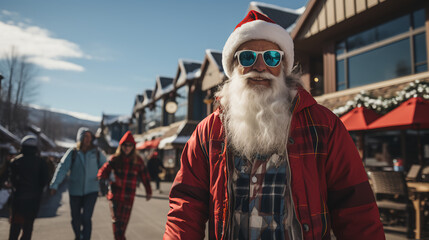 Fototapeta na wymiar Santa - mountain ski resort - Christmas - winter - stylish clothing - ski fashion - sunglasses - extreme blue sky