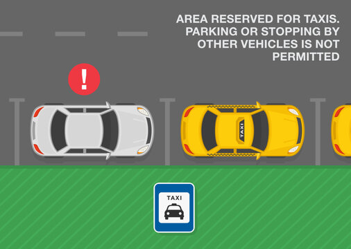 Safe driving tips and traffic regulation rules. Taxi parking area rule. Top view of correct and incorrect roadside parked cars. Flat vector illustration template.