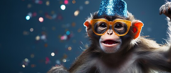 Happy Birthday, carnival, New Year's eve, sylvester or other festive celebration, funny animals card - Chimpanzee monkey with party hat and sunglasses on blue background with confetti