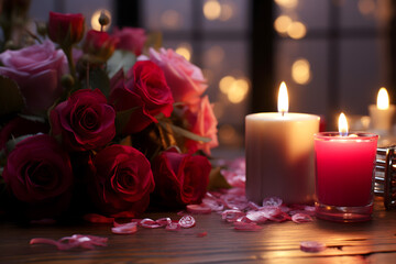 valentines day background, social media background for vday, full of romance cards with love, red rose and candles