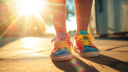 Kid feet wearing colorful summer shoes with sun rays - Powered by Adobe