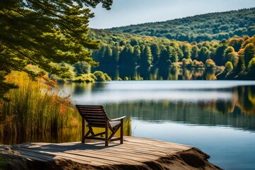 Naklejka na ściany i meble Inviting stock photo capturing the essence of Vermont's summer, featuring a serene lake scene with a comfortable seat immersed in the water, the horizon stretching with picturesque views