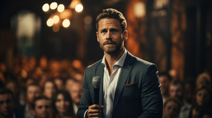 Portrait of a male executive leading a business seminar or a professional gathering social event , the man confidence and mastery engaging his audience with a speech speaking with a microphone - obrazy, fototapety, plakaty