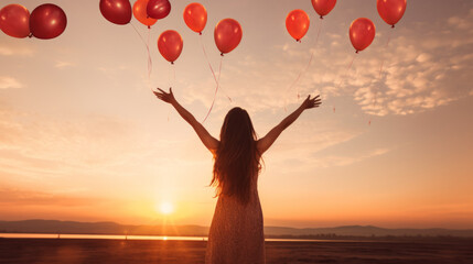 Back silhouette view of an happy young woman releasing balloons in the sky at sunset in summer background with copy space - obrazy, fototapety, plakaty