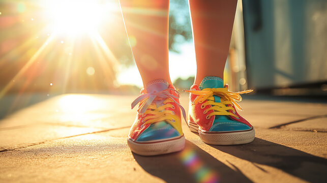 Kid feet wearing colorful summer shoes with sun rays