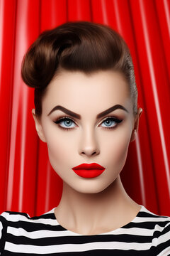 Portrait photo of a young glamorous woman with bold eyebrows and bold big red lips wearing black and white striped outfit and red background