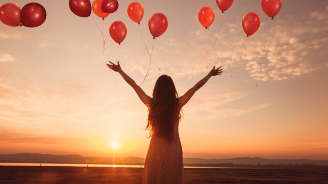 Back silhouette view of an happy young woman releasing balloons in the sky at sunset in summer background with copy space