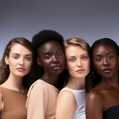 Obraz premium Portrait of four women with different skin colors represent diversity and ethnicity. Banner for advertising light and dark skin colors 
