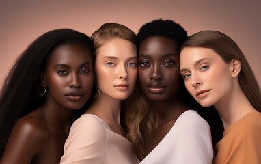 Four women with different skin colors represent diversity and ethnicity. Banner for advertising light and dark skin colors 