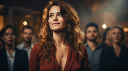 Portrait of a female executive leading a business seminar or a professional gathering event , the woman confidence and mastery engaging her audience