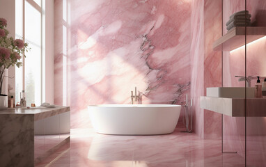 Pink marble style bathroom with the window. Luxury bathroom interior
