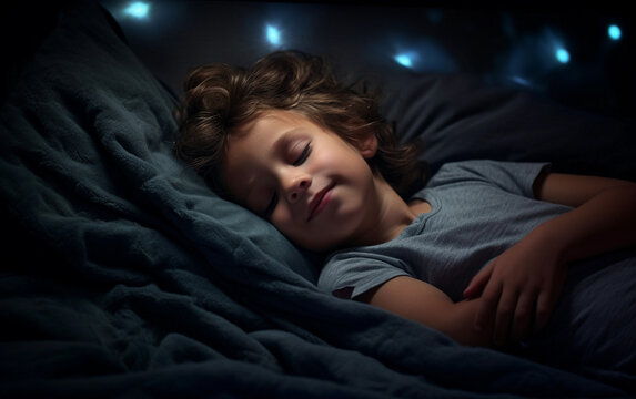 Smiling child slepping in a bed in a dark bedroom at night