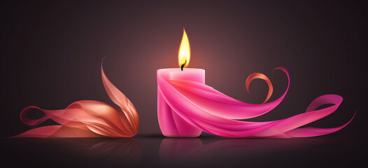 A burning candle with ribbon on black background
