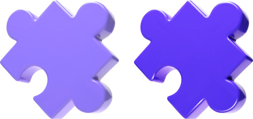 Purple puzzle parts or Jigsaw pieces set. Matching isometric objects as community or business strategy elements to connect together.