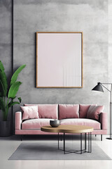 Mockup of empty wall frame on gray wall in living room interior with modern furniture, AI Generated