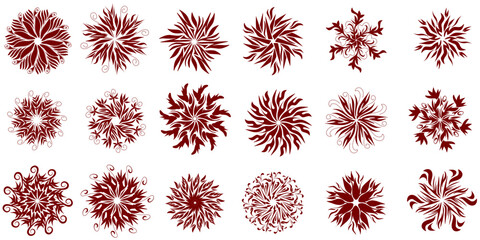 Illustration of several sets of magenta red mandala pattern shapes. Perfect for tattoos, stickers, banners, clothes, hats, websites