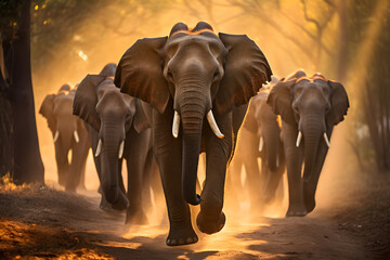 a group of elephants walking on a dirt road - Powered by Adobe