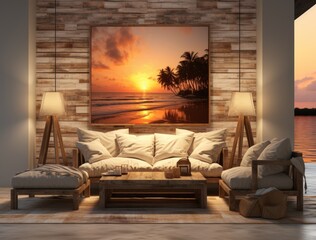 Cozy Tropical Living Room with Wooden Plank Wall and Sunset Beach Painting