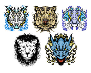 set of wild animal head sticker illustrations. Perfect for tattoos, stickers, icons, logos, hats, clothes, websites, posters