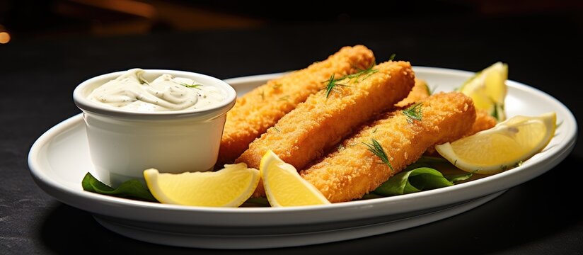 Freshly made fish finger served with tartar sauce and lemon