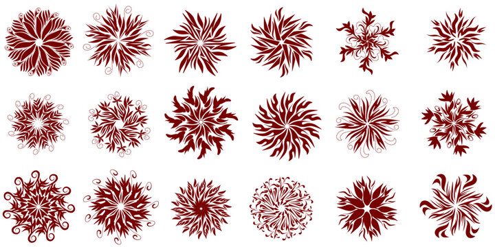 Illustration of several sets of magenta red mandala pattern shapes. Perfect for tattoos, stickers, banners, clothes, hats, websites