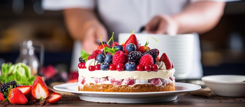 Preparing a celebration dessert with raspberries, strawberries, and grapes in a restaurant kitchen.