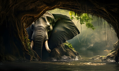 Fototapeta na wymiar Elephants at the stream in the beautiful green forest.