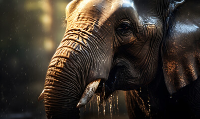 close up face and eyes of elephants at the stream in the beautiful green forest.