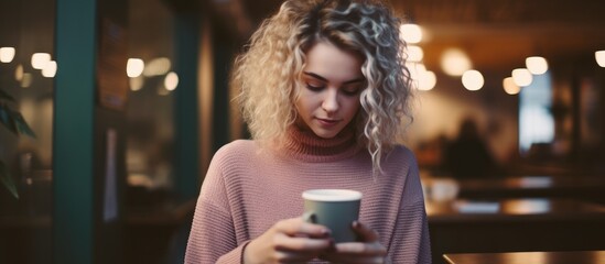 Focused young woman in turtleneck sweater sipping tea and browsing on smartphone during cafe break.
