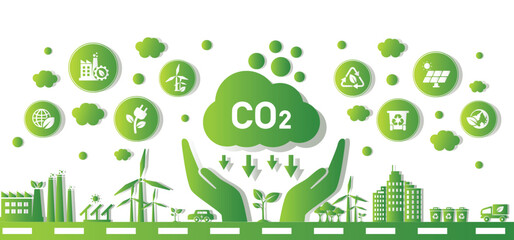 The concept of reduce co2 emission using clean energy and reduce climate change problem with flat icon vector illustration. Green environment templet infographic design for web banner.