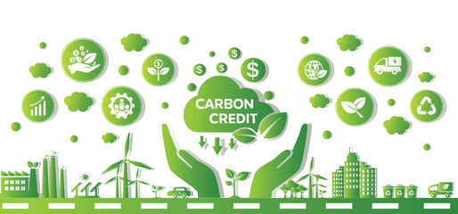 The concept of carbon credit with icons. Tradable certificate to drive industry and company to the direction of low emissions and carbon offset solution. Green vector illustration template.