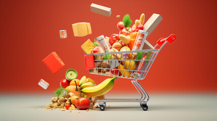 Shopping cart with supermarket products