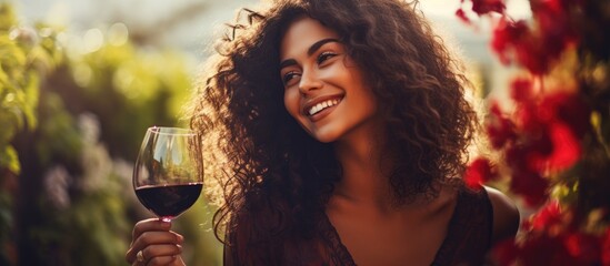Latin woman enjoying red wine outdoors, savoring its aroma, flavor, and color. - obrazy, fototapety, plakaty
