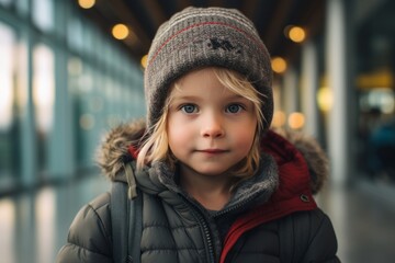 Portrait of a cute little girl with blue eyes, wearing a warm hat and coat.