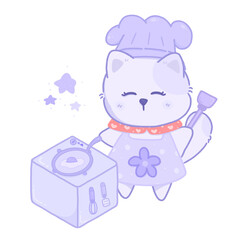 Cute cat cartoon cooking fried eggs menu concept illustration daily routine PNG