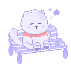 Cute cat eating ice cream sitting in a wood chair PNG