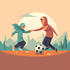 Muslim Arab children Playing Soccer Football, style children book illustration, AI Generated