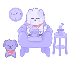 Cute cat cartoon sit on sofa eating popcone and drink Concept illustration daily routine PNG