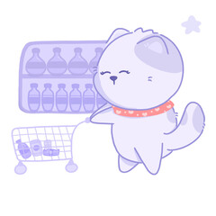 Cute cat cartoon shopping with cart in supermarket Concept illustration daily routine hand drawing