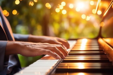 A man plays the piano. The hands of a pianist close-up against the background of a summer landscape. Pianist at a wedding ceremony.
