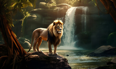 lion in the forest and waterfall background