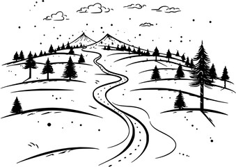 Winter Activity Mountain Ski Trails Vintage Outline Icon In Hand-drawn Style
